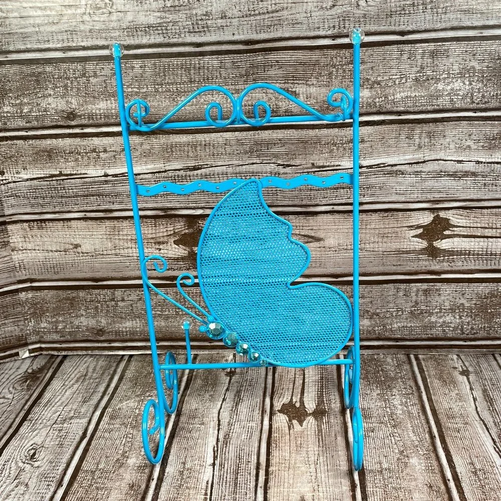 Butterfly Metal Jewelry Earring Necklace Ring Stand Organizer Holder Blue